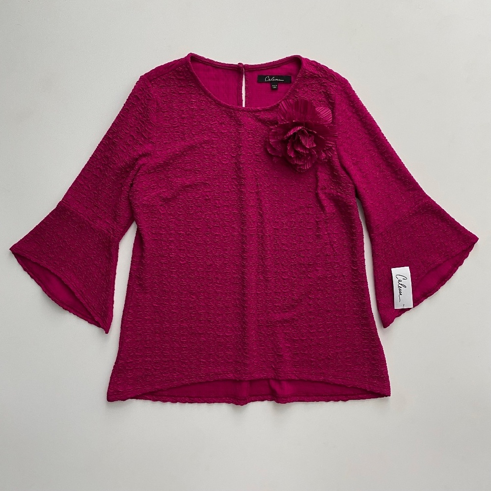 Calessa Nwt Textured Floral Applique Knit Berry 3/4 Sleeve Tunic Top